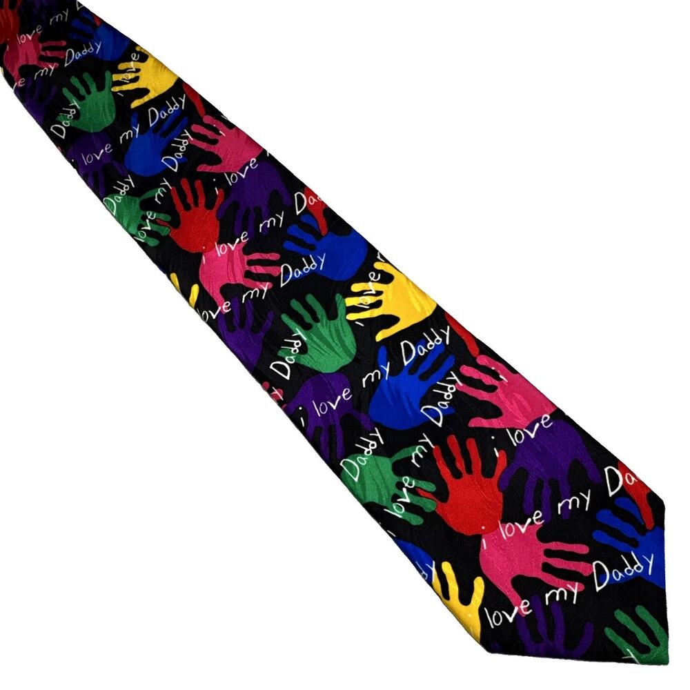Vintage 1996 Ralph Marlin RM Style I Love My Daddy Silk Necktie Colorful Hands